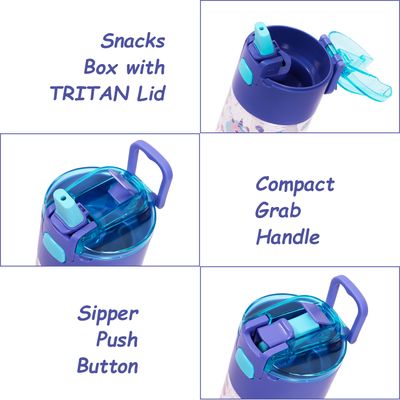Eazy Kids Lunch Box Set and Tritan Water Bottle w/ Snack Box, Mermaid - Purple, 450ml